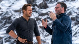Chris Pratt and Colin Trevorrow on set of Jurassic World Dominion