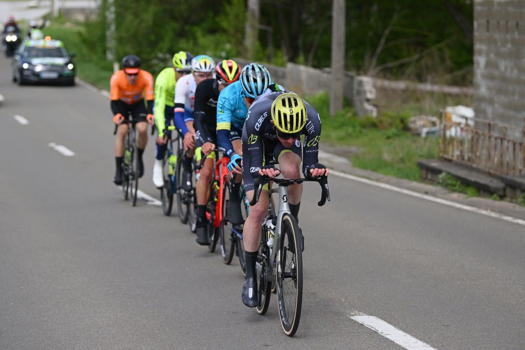 HUY BELGIUM APRIL 17 James Whelan of Australia and Q365 Pro Cycling Team leads the breakaway during the 88th La Fleche Wallonne 2024 Mens Elite a 1986km one day race from Charleroi to Huy UCIWT on April 17 2024 in Huy Belgium Photo by Dario BelingheriGetty Images