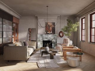 A modern living room with a natural, beige aesthetic. There is a beige couch on the left side with two accent chairs made of wood and textured material opposite the sofa. There is a cutout rug in the middle with two low, wooden coffee tables on top.