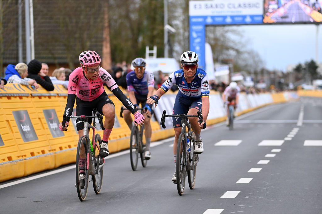 HARELBEKE BELGIUM MARCH 24 LR Alberto Bettiol of Italy and Team EF EducationEasyPost and Yves Lampaert of Belgium and Team Soudal Quick Step react after the 66th E3 Saxo Bank Classic Harelbeke 2023 a 2041km one day race from Harelbeke to Harelbeke on UCIWT March 24 2023 in Harelbeke Belgium Photo by Tim de WaeleGetty Images