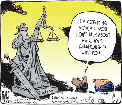 Political cartoon U.S. Trump affair allegations hush money justice
