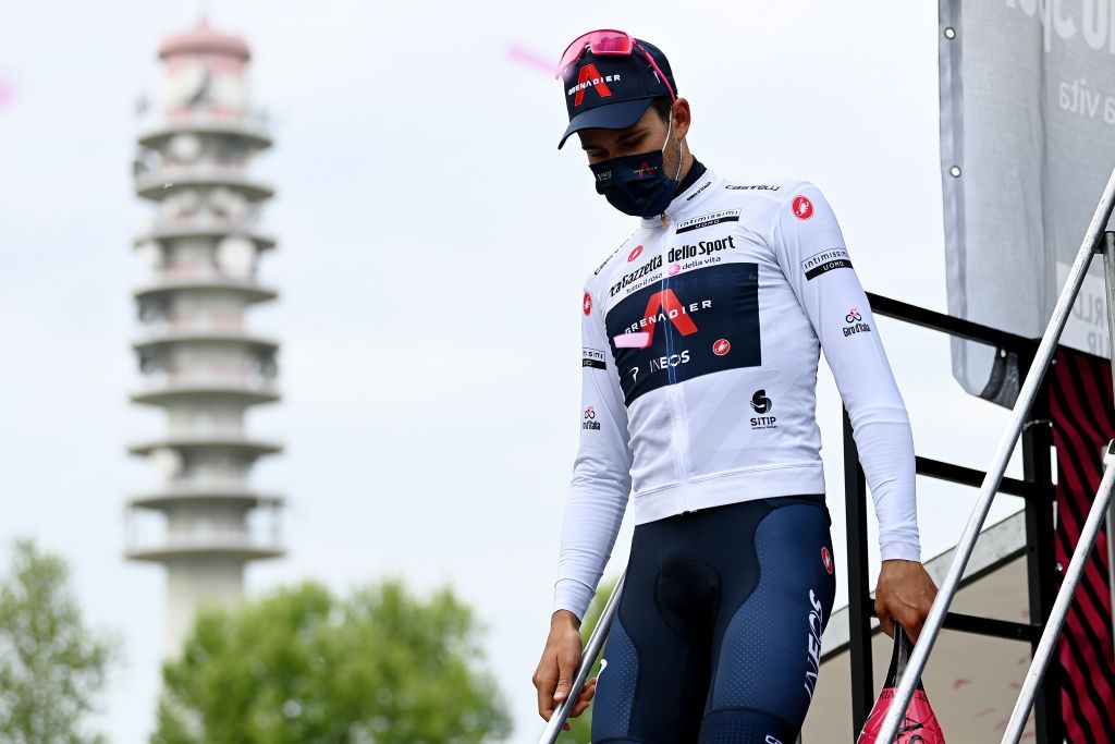 NOVARA ITALY MAY 09 Filippo Ganna of Italy and Team INEOS Grenadiers White Best Young Rider Jersey celebrates at podium during the 104th Giro dItalia 2021 Stage 2 a 179km stage from Stupinigi Nichelino to Novara girodiitalia Giro UCIworldtour on May 09 2021 in Novara Italy Photo by Stuart FranklinGetty Images
