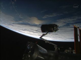 The International Space Station's robotic arm is in grapple position to grab Japan's robotic HTV-4 cargo ship in this still from a NASA TV broadcast on Aug. 9, 2013.