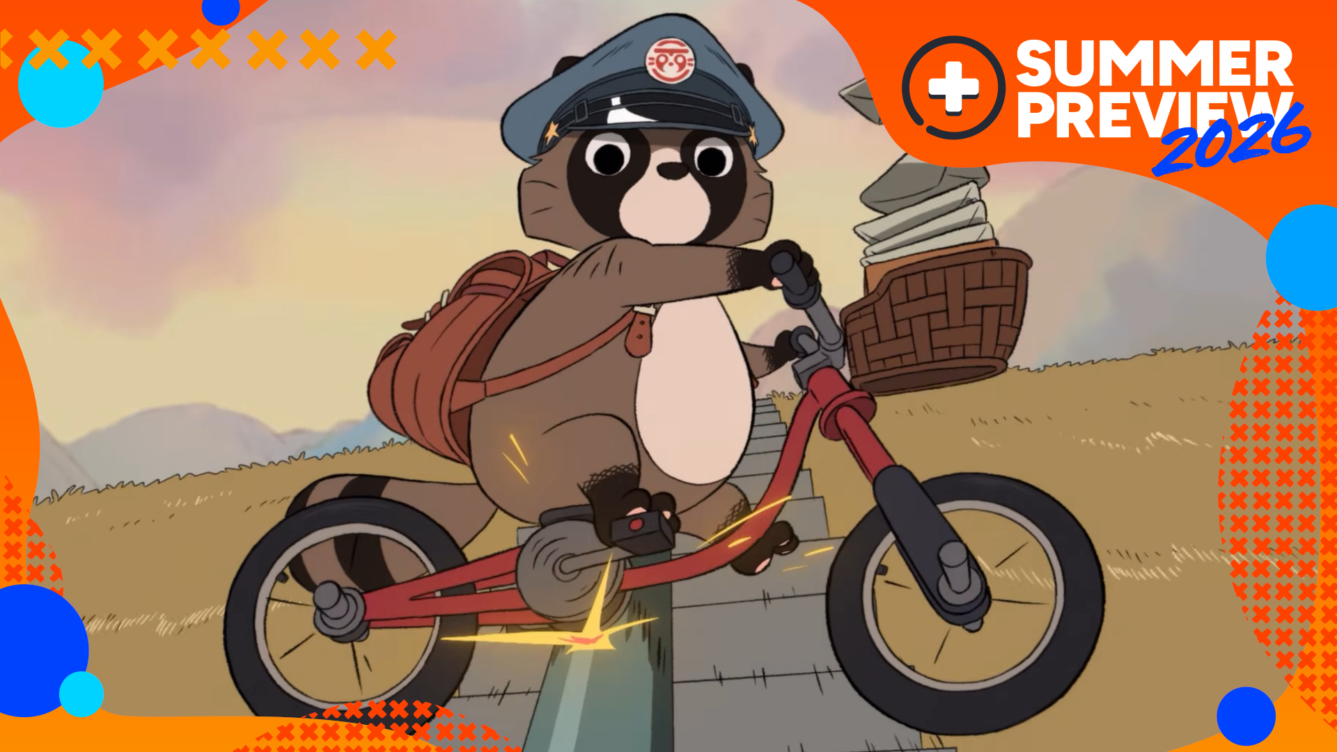 A hat-wearing, bike-riding tanuki delivers mail in Tanuki: Pon's Summer, with the orange GamesRadar+ Summer Preview 2026 frame