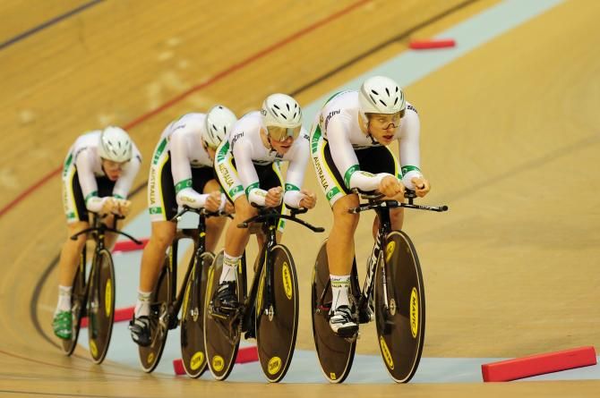 Australians Jack Edwards, Joshua Harrison, Sam Welsford and Callum Scotson on their way to team pursuit victory