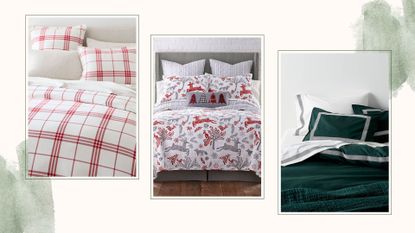 Three of the best Christmas bedding sets discounted for 2023 on a collage background.