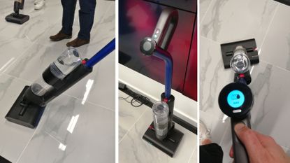 3 images of the Dyson WashG1 had floor cleaner being tested