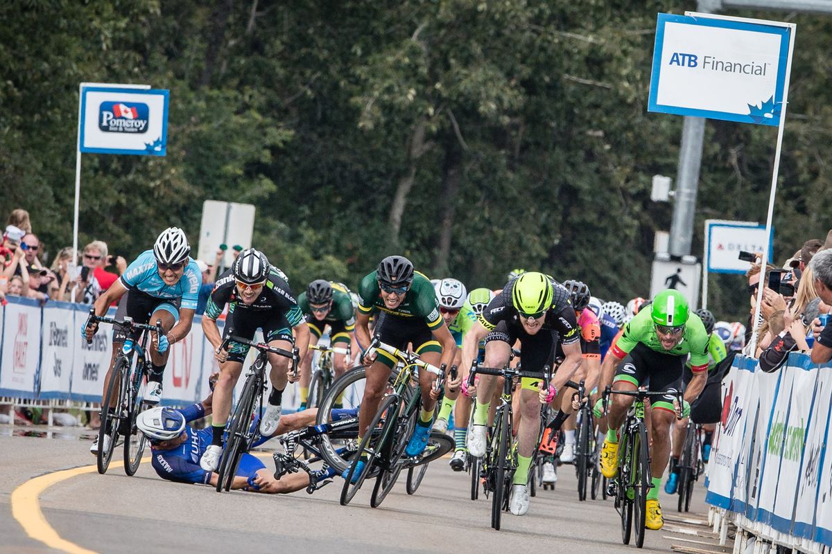 Travis McCabe hits the deck during stage 2 at the Tour of Alberta