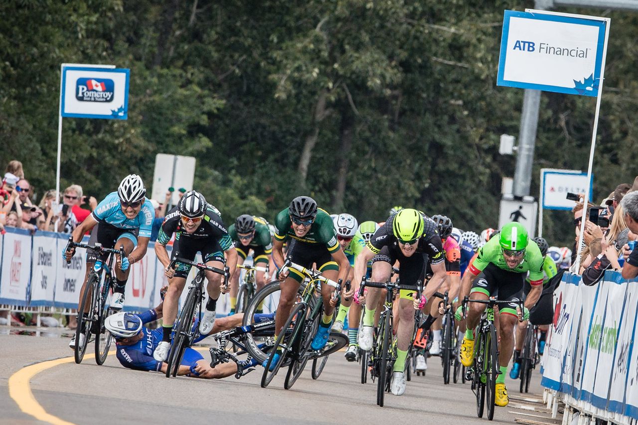 Travis McCabe hits the deck during stage 2 at the Tour of Alberta