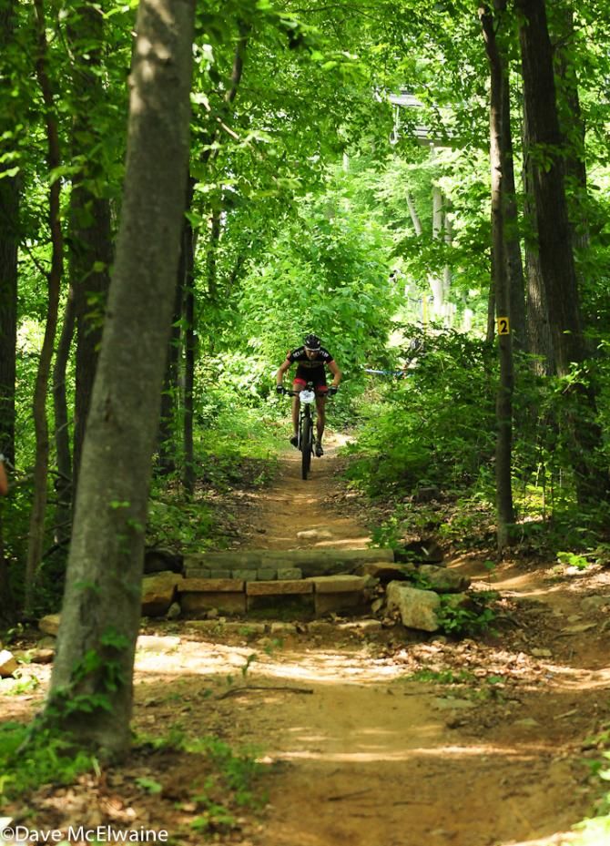 A lone rider descending through the trees