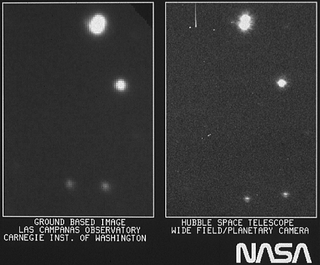 Hubble's "first light" image, on the right, shown next to what was the highest quality ground-based image of the same location at the time. Even with the mirror flaw, Hubble was an improvement.