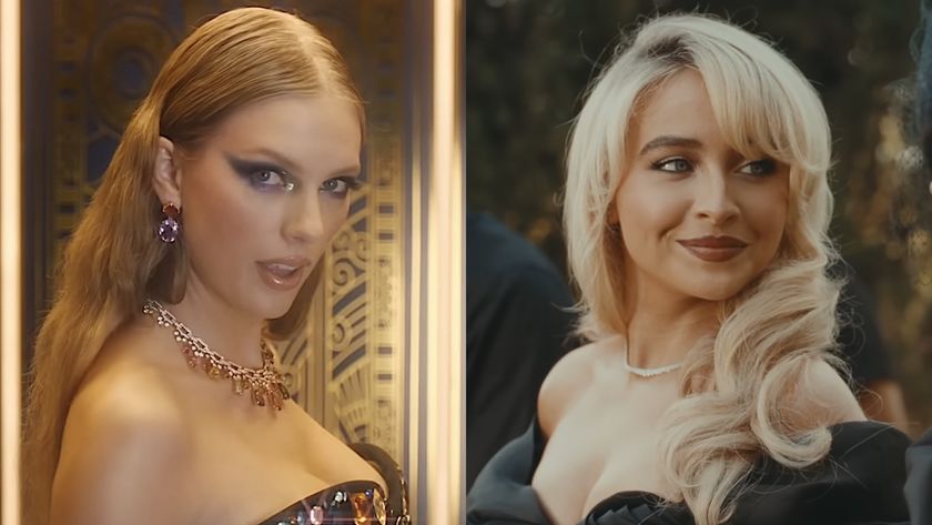 Taylor Swift in glittery eye makeup in Bejeweled Music Video/ Sabrina Carpenter in Taste Music Video (side by side image)