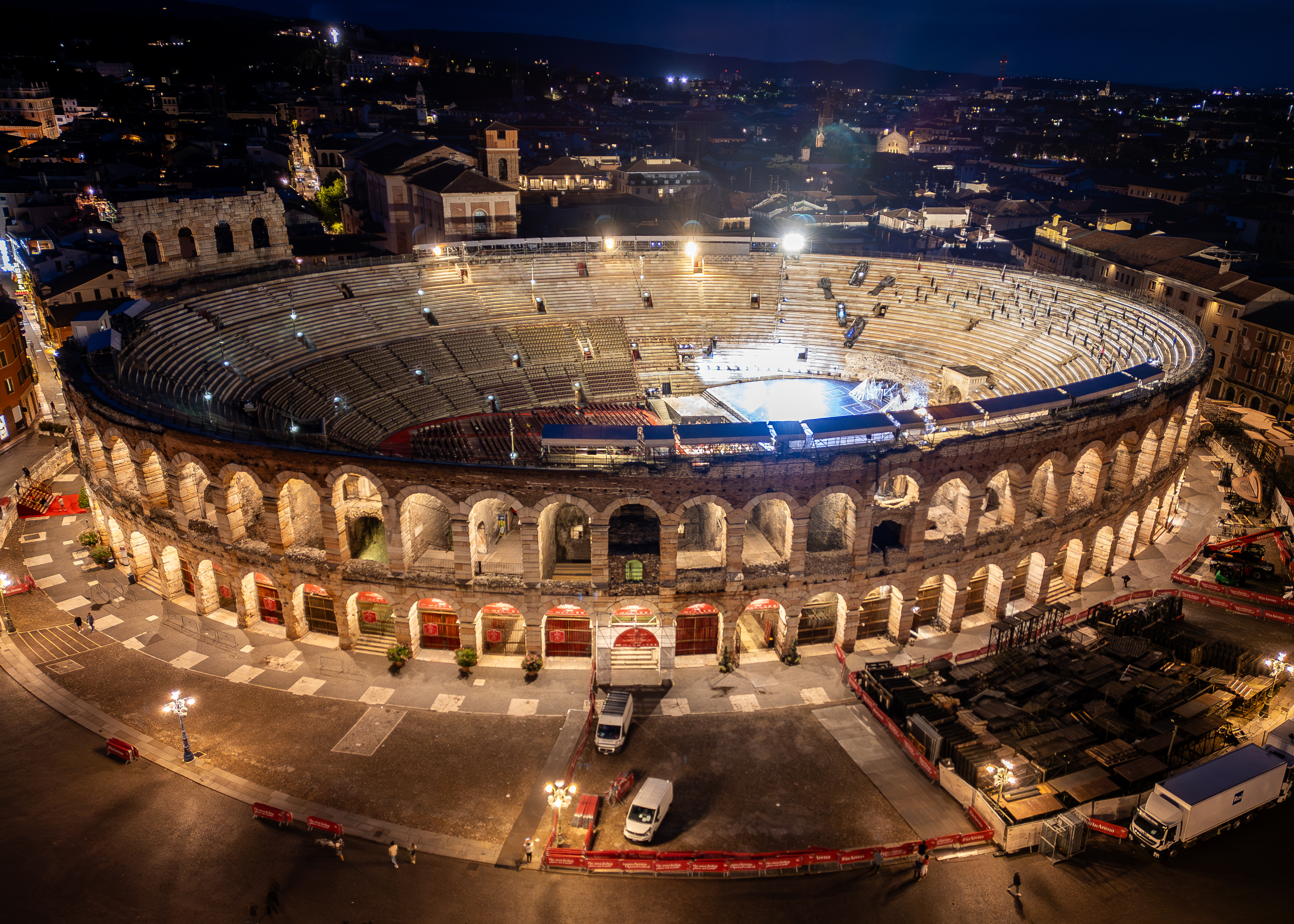 Aerial drone view from Piazza Bra looking at the Verona Arena