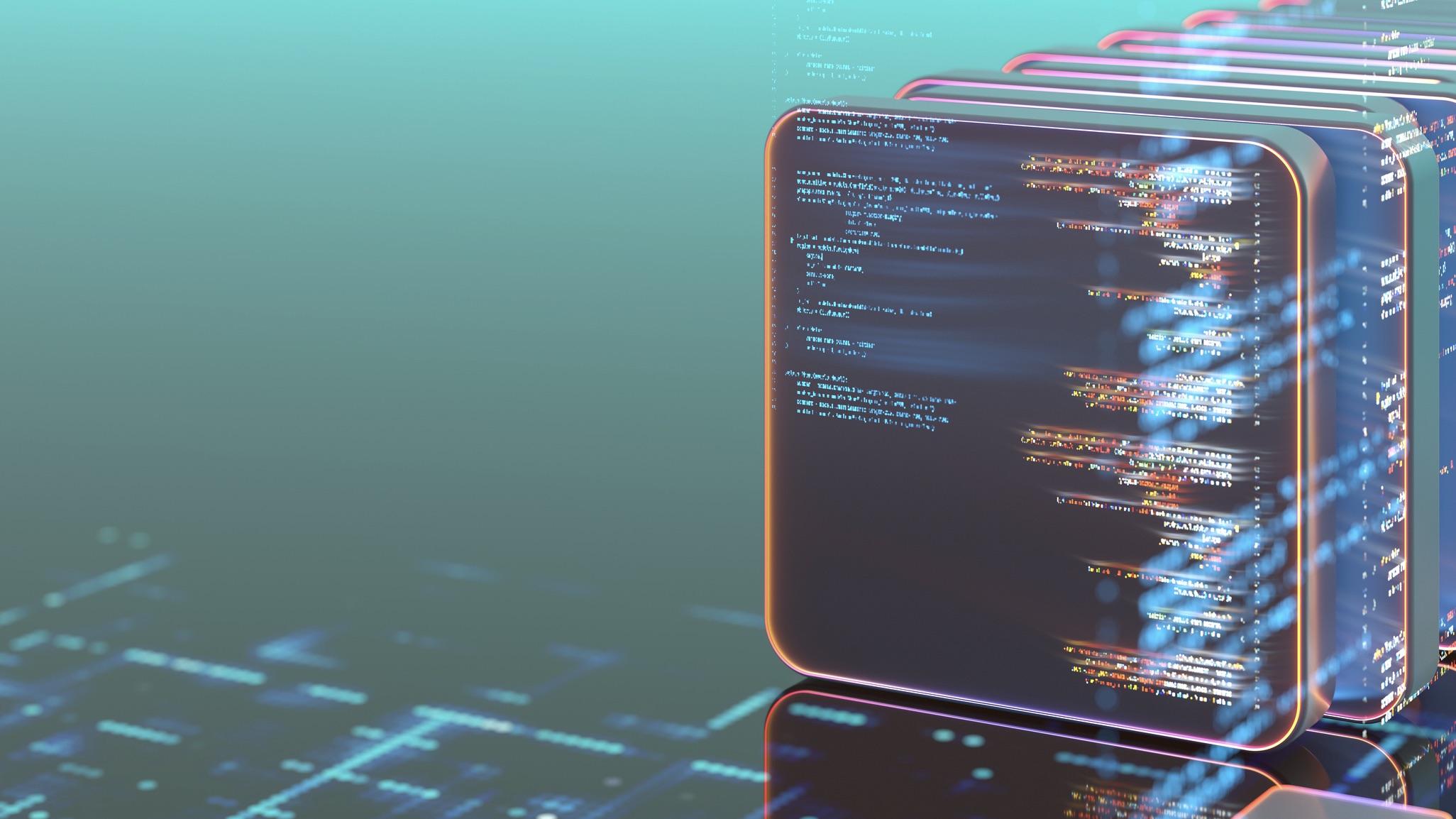 Tool sprawl concept, multiple terminals showing lines of code stacked in front of one another with a reflective blue gradient background