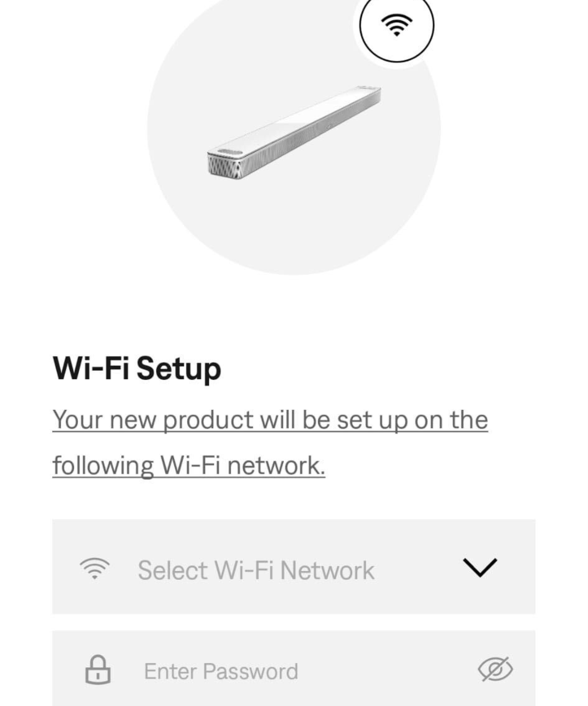 Cropped screenshot of the Wi-Fi setup screen for the Bose Smart Ultra Soundbar in the Bose app.