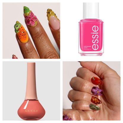 collage of floral nail ideas and polish colors