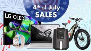 4th July sales banner showing OLED TVs, laptops, and air fryers.