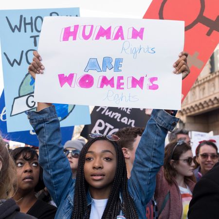  An activist participates in the Women's March Los Angeles 2018 on January 20, 2018 in Los Angeles, California