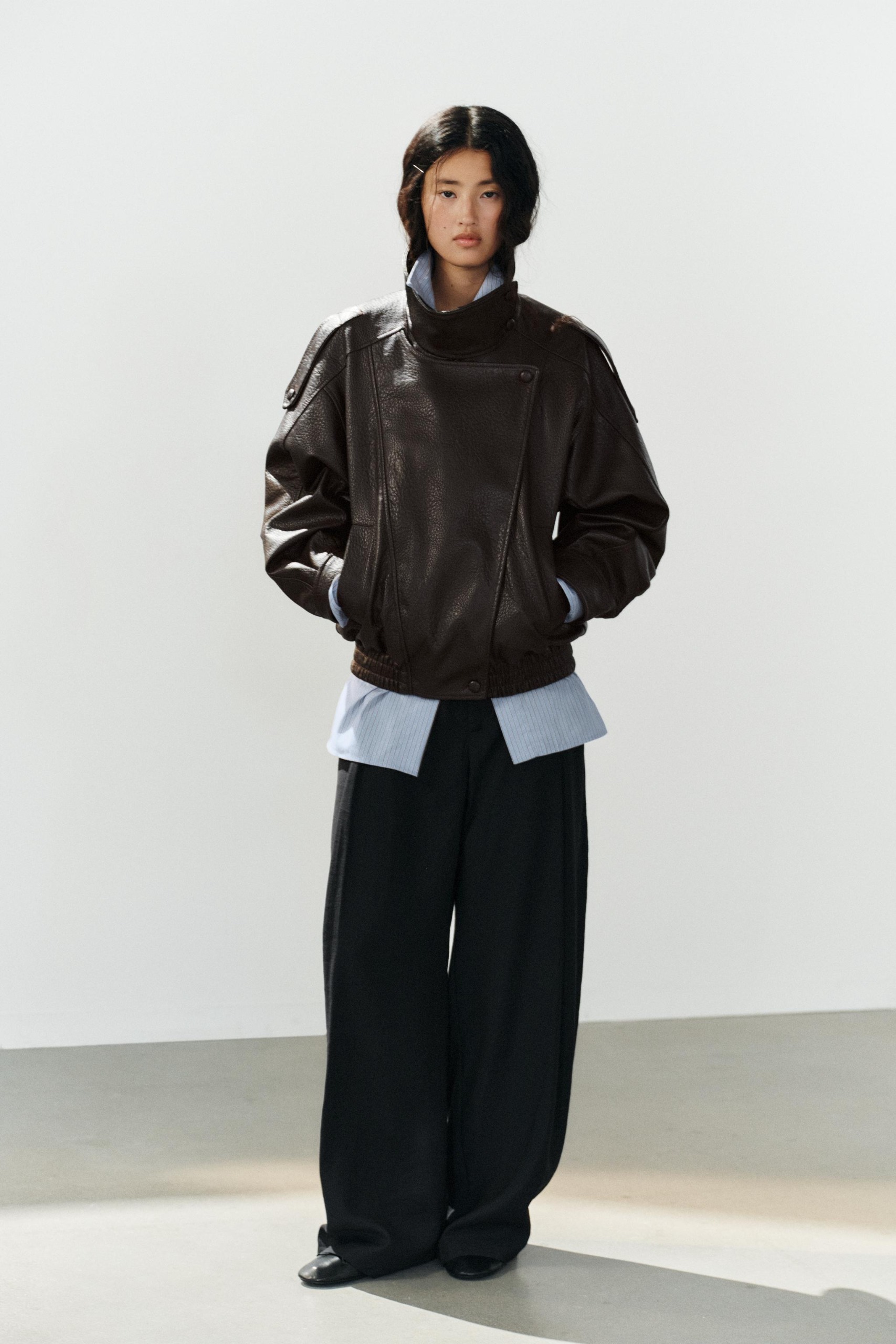 Leather Effect Biker Jacket - Brown - Xs