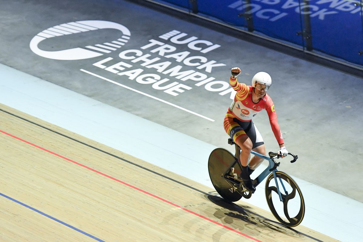 Picture by Will Palmer/SWpix.com - 27/11/2021 - Cycling - UCI Track Champions League Round 2 - Lithuania / Cido Arena, Panev&Auml;&Aring;&frac34;ys, Lithuania - Spain's Sebastian Mora-Vedri celebrates victory in the men's Elimination race.