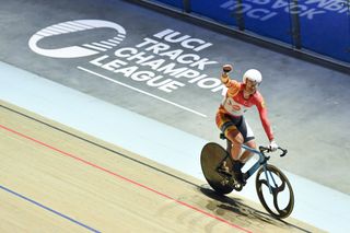 Picture by Will Palmer/SWpix.com - 27/11/2021 - Cycling - UCI Track Champions League Round 2 - Lithuania / Cido Arena, PanevÄžys, Lithuania - Spain's Sebastian Mora-Vedri celebrates victory in the men's Elimination race.