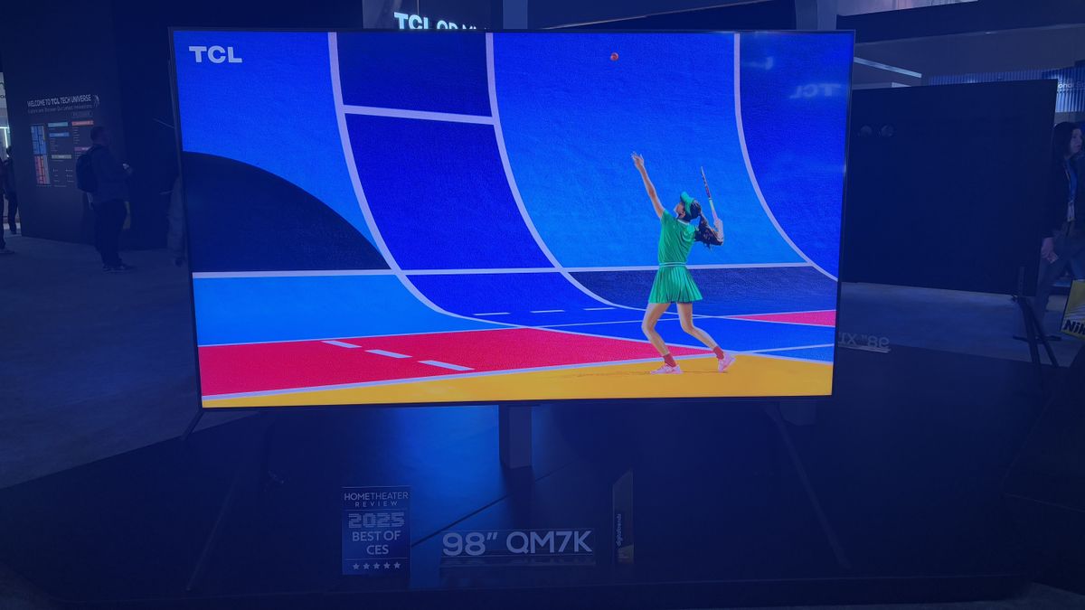 TCL QM7K at the TCL stand with a tennis player and fencers on screen