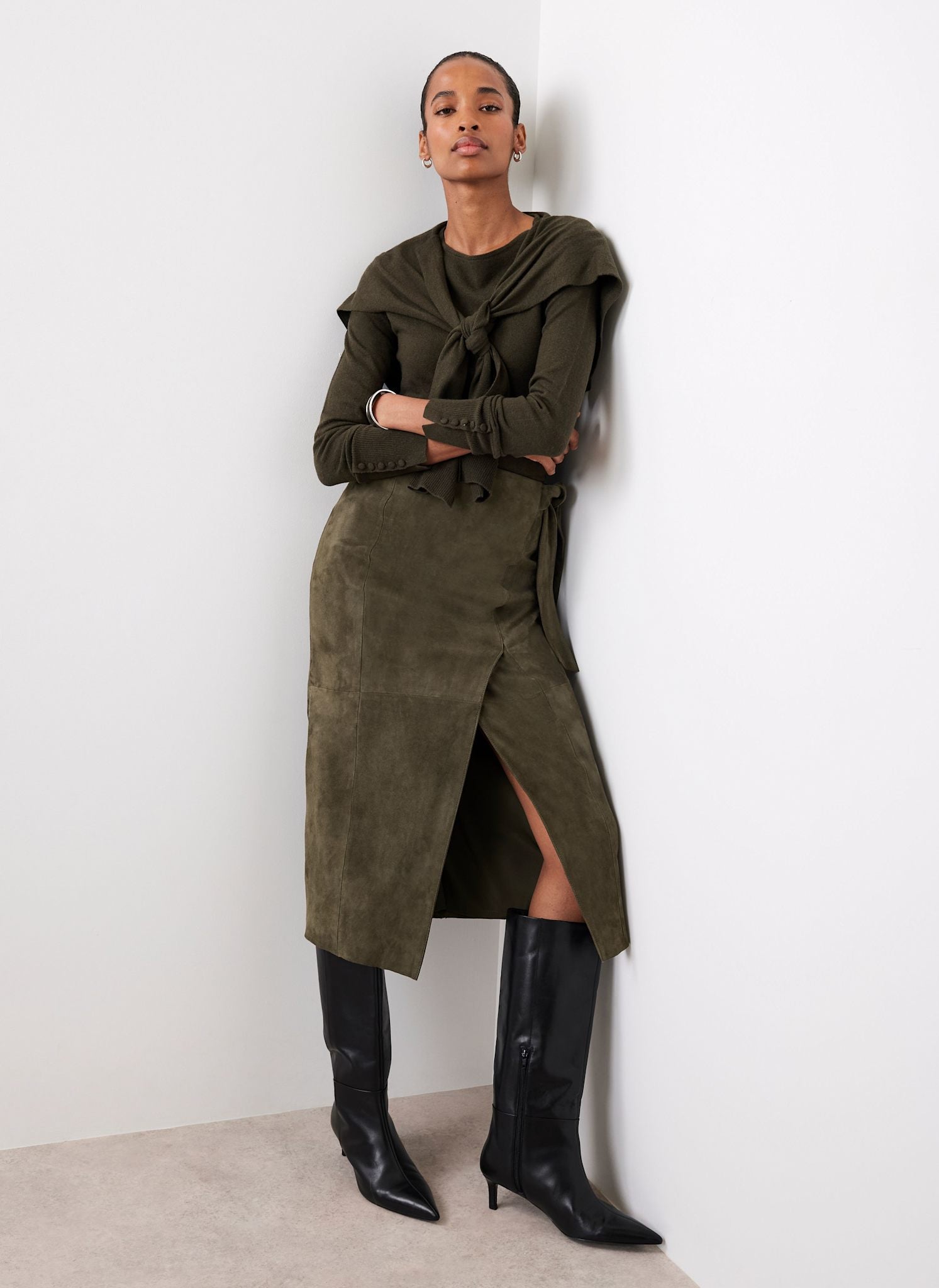 Khaki Suede Midi Skirt