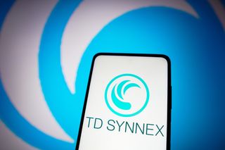 TD Synnex logo appearing on a smartphone against a backgrouns with even bigger version of the logo blown up, eclipsing the screen