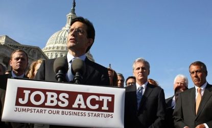"It's a welcome sign that we can put our differences aside and work together to help books the economy," Eric Cantor (R-Va.) said of the bipartisan JOBS act.