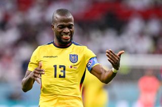Enner Valencia celebrates after scoring his and Ecuador's second goal in the 2-0 win over Qatar on the opening day of the 2022 World Cup.