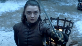 maisie williams as arya stark with her sword on game of thrones