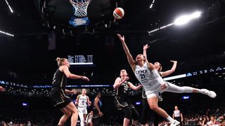 Kayla McBride #21 of the Minnesota Lynx shoots the ball during the second half against the New York Liberty at Barclays Center on August 10, 2025 in the Brooklyn borough of New York City. NOTE TO USER: User expressly acknowledges and agrees that, by downloading and or using this photograph, User is consenting to the terms and conditions of the Getty Images License Agreement.