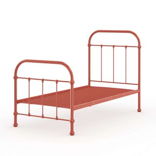 The metal Feather & Black Oliver Bed in a coral orange colour