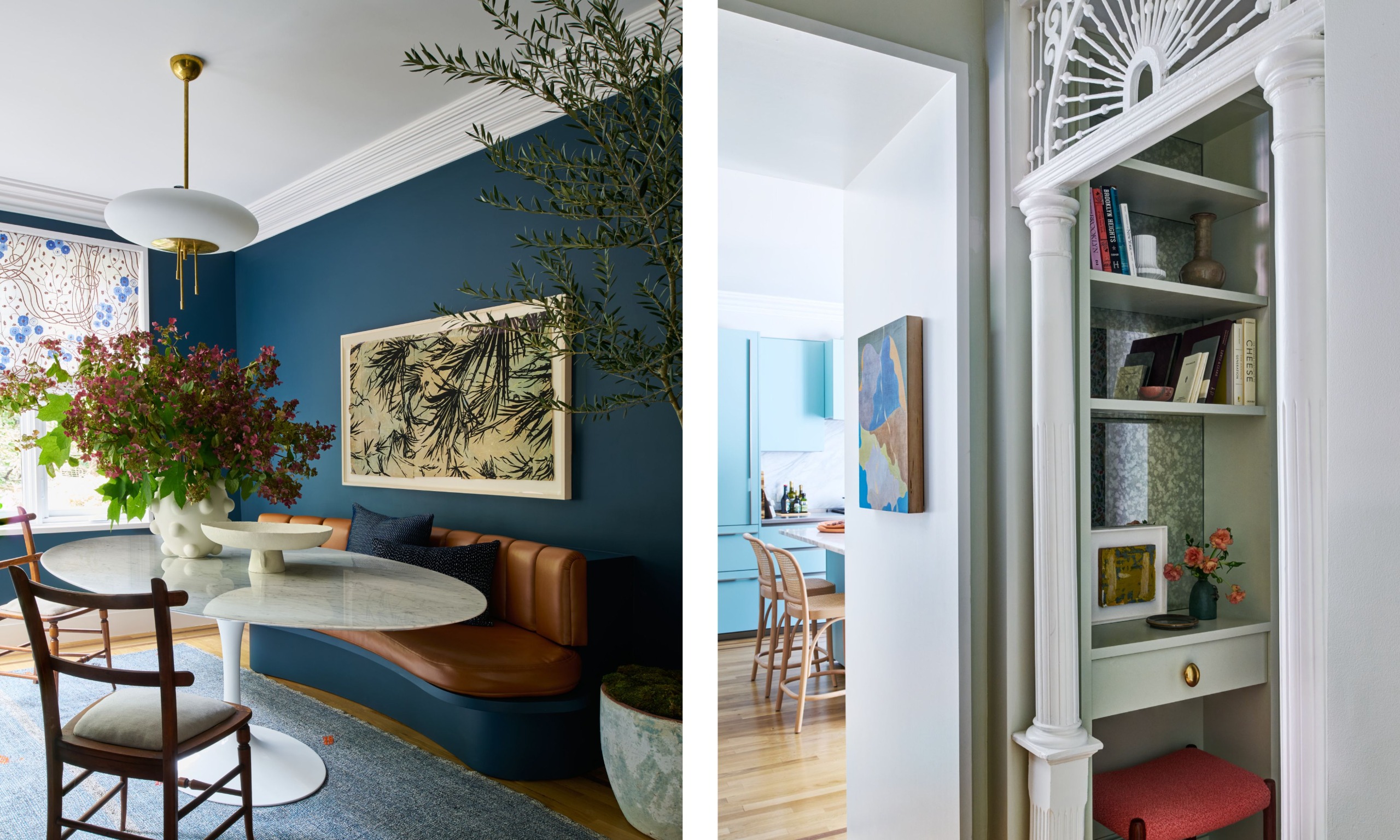 two shots next to each other. On the left, a blue dining snug. On the right, a closet is turned into a desk area