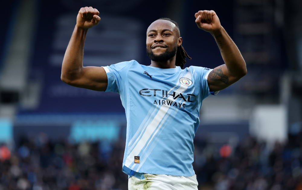 Antoine Semenyo of Manchester City celebrates scoring his team's second goal during the Premier League match between Manchester City and Wolverhampton Wanderers at Etihad Stadium on January 24, 2026 in Manchester, England. 