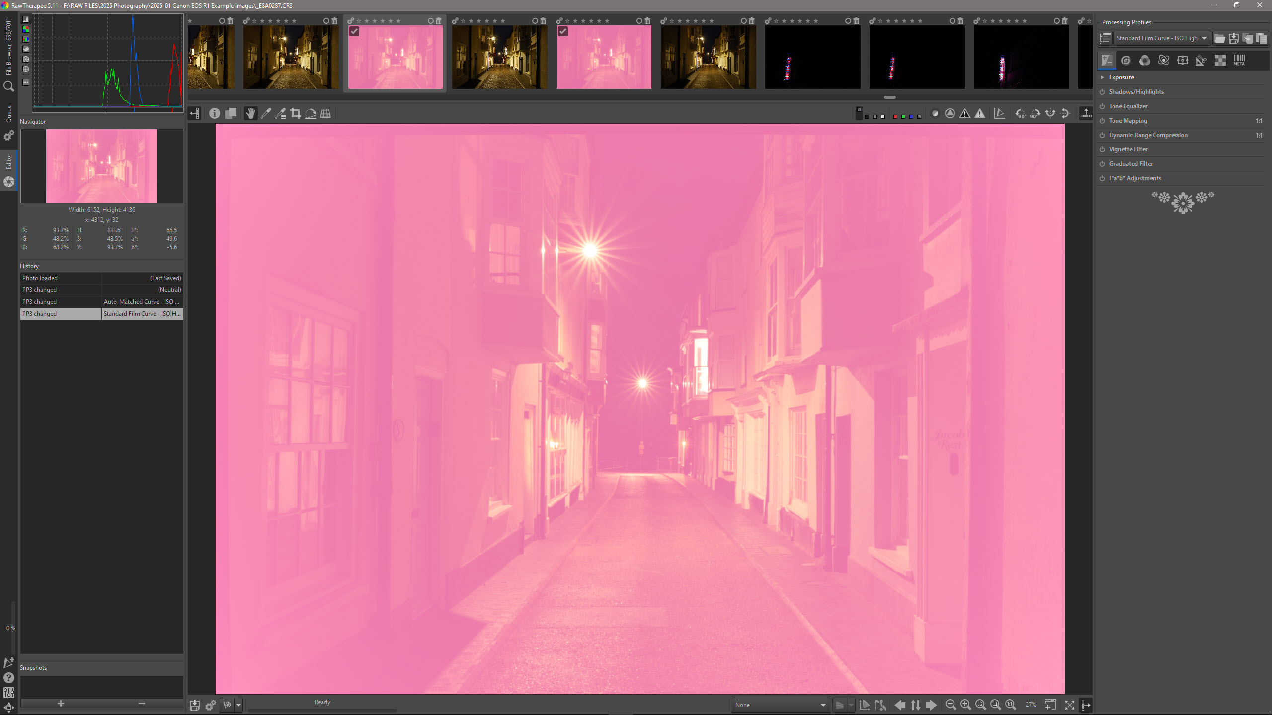 Screenshot of RawTherapee raw conversion software in use