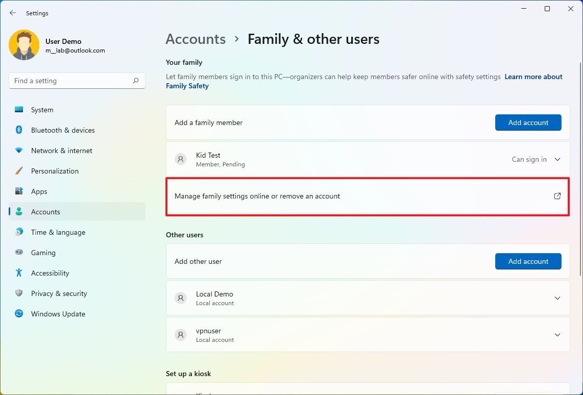 Mange family settings online or remove account