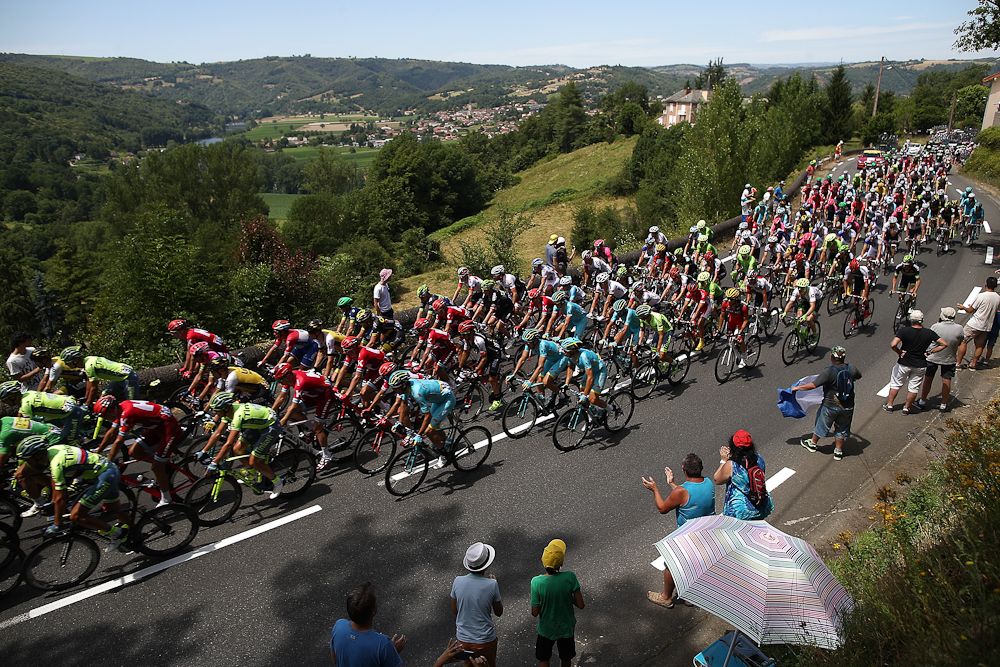 The peloton climbs during stage 6 of the Tour de France.