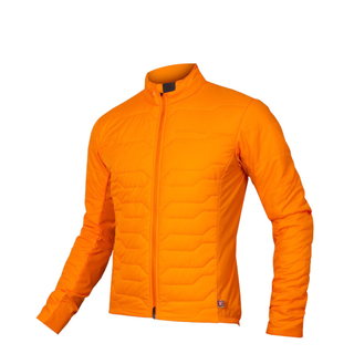 An orange insulated puffy cycling jacket against a white background