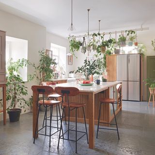 Kitchen with wooden ribbed cabinets, island and indoor plants