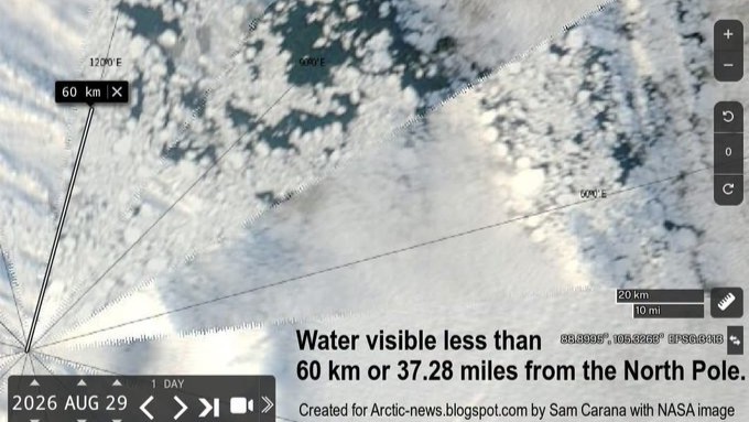 NASA satellite image showing water 60 km away from the North Pole on Aug. 29, 2026.