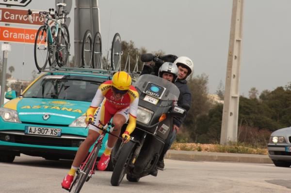Race leader Alberto Contador (Astana) in action in the final stage.