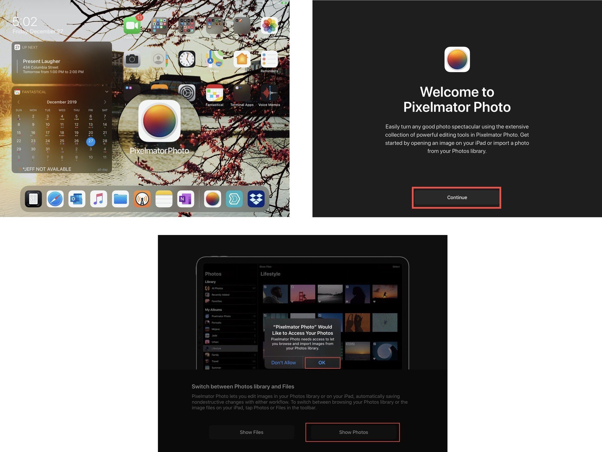 Open Pixelmator Pro, then tap Continue, then tap Show Photos