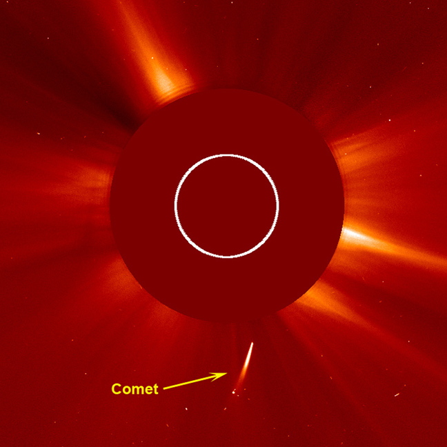 The SOHO spacecraft watched as a fairly bright comet dove towards the sun in a white streak and was not seen again after its close encounter (May 10-11, 2011). The comet, probably part of the Kreutz family of comets, was discovered by amateur astronomer S