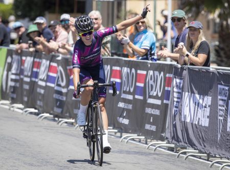 Georgia Christie celebrates her victory at the Vantage Road National Championships in Napier on Saturday.