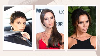three images of Victoria Beckham - one with a pixie cut, one with long wavy hair and one with an updo with tendrils - on a light beige background