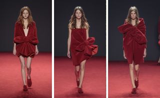 Three separate images of female catwalk models, wearing designer red bow theme dresses, red floor, black wall backdrop