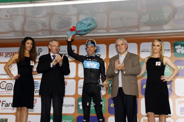 Stage 3 winner Richie Porte (Sky) on the podium.