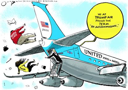 Political Cartoon U.S. United Airlines re-accommodate Trump middle class poor