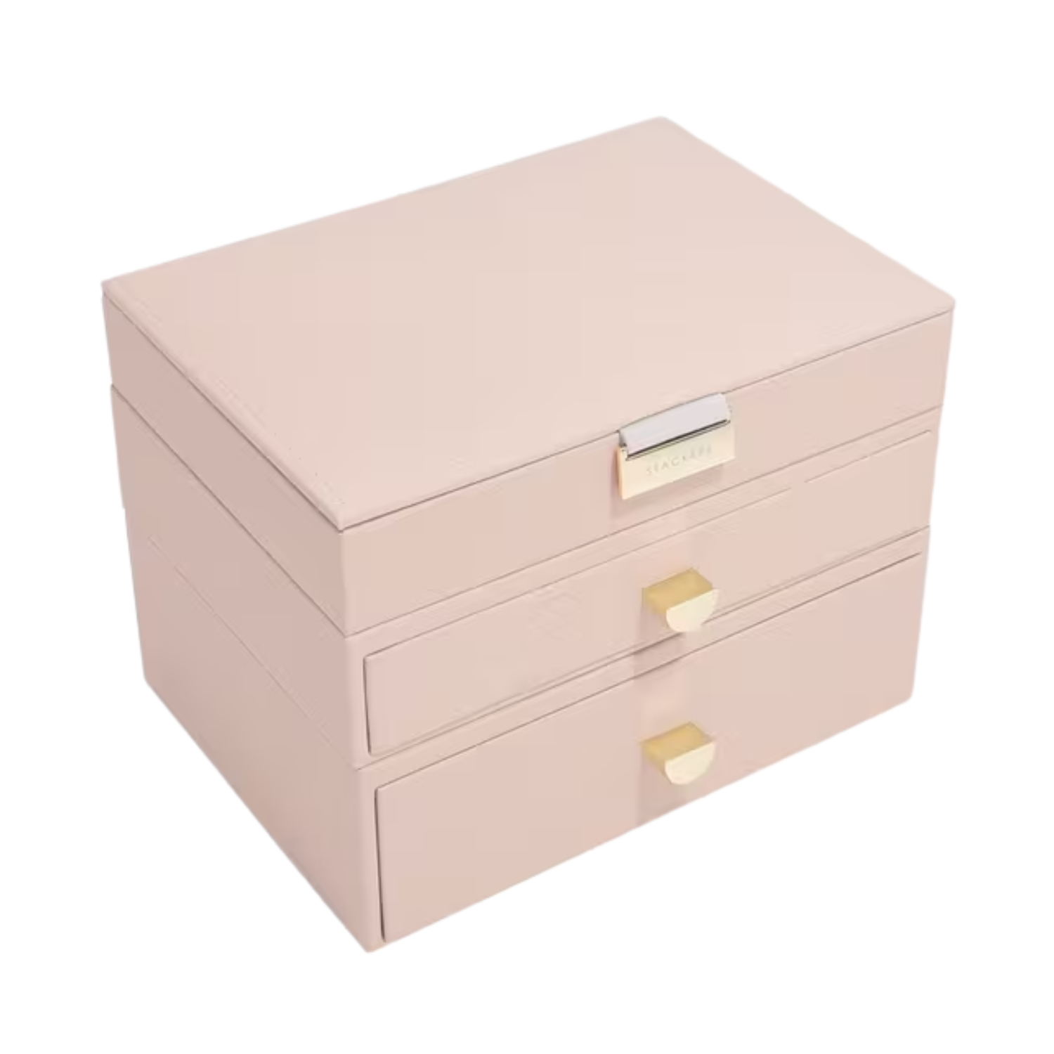 A pink faux leather jewelry box